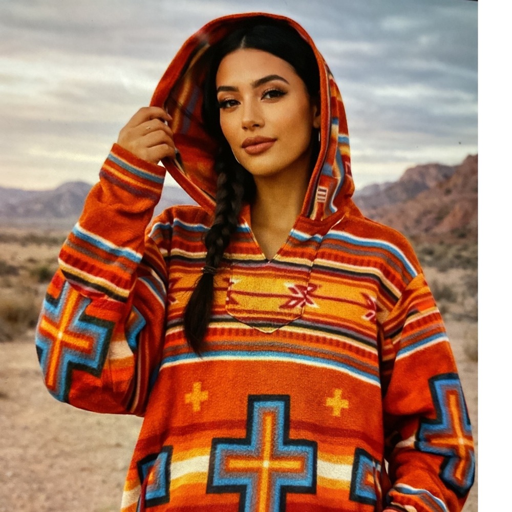 El Paso Saddleblanket Fleece Hoodie XL Orange‎ Southwestern Aztec Cross
